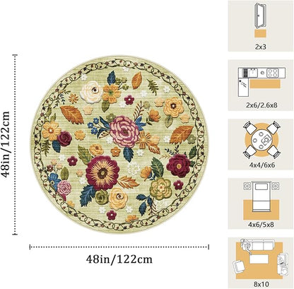 4ft Round Machine Washable Area Rug for Living Room, Green Vintage Boho Floral Rug Large Non-Slip Low Pile Soft Faux Wool Carpet, Kids and Pets Friendly for Bedroom Nursery Farmhouse Home Decor Rug