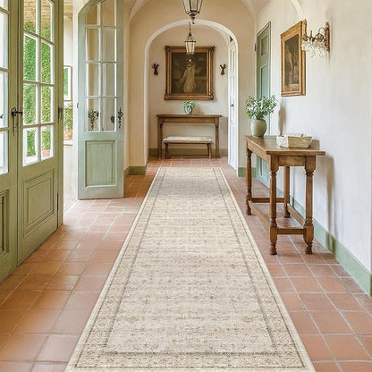 Beige Cream 2x10 Long Hallway Runner Rug, Non Slip Farmhouse Kitchen Rugs Washable, Geometric Floral Modern Entryway Floor Mats, Non Skid with Rubber Backing, Low Pile & Soft Carpet