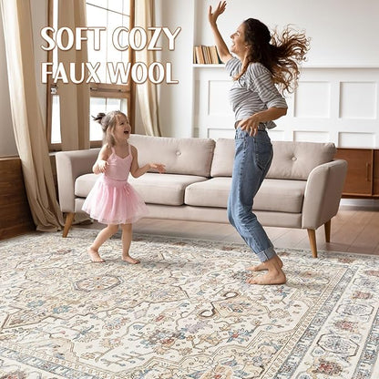 9x12 Area Rug Living Room: Washable Boho Large Neutral Vintage Soft Rugs Stain Resistant Farmhouse Non Slip Indoor Floor Carpet for Bedroom Nursery Kids Playroom Office Dining Room- Cream Blue