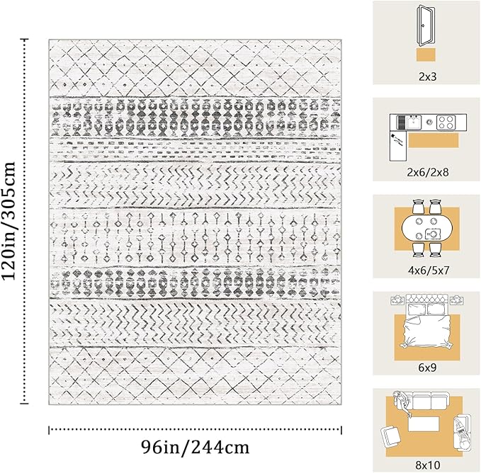 8x10 Machine Washable Area Rug for Living Room, Grey White Vintage Moroccan Rug Large Non-Slip Low Pile Soft Faux Wool Carpet, Kids and Pets Friendly for Bedroom Dining Room Farmhouse Home Decor Rug