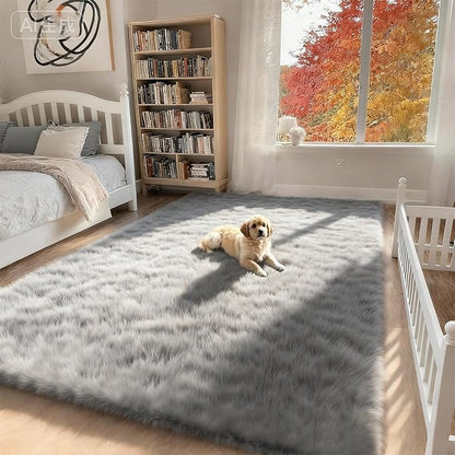 5x7 Solid Fluffy Grey Area Rug – Washable, Durable,Large Living Room Rug, Non-Slip High Pile Shag Rugs for Bedroom, Bedside, Dorms, Nursery Rooms, Kids Room, Soft Indoor Floor Carpet Decor