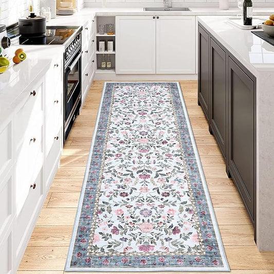 GarveeHome Washable Runner Rug 2 x 6 Non-Slip Non-Shedding Soft Vintage Bedside Rug, Low Pile Farmhouse Floral Carpet, Indoor Foldable Printed Entryway Rug for Hallway Kitchen, Light Blue
