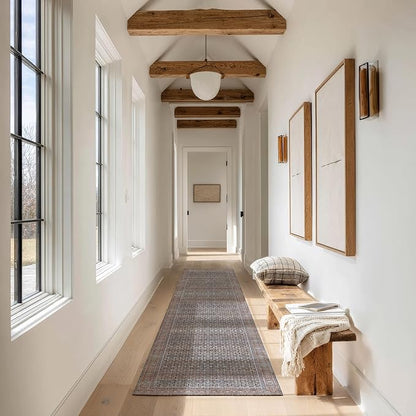Kuden 2'6"x7' Runner Rug, Machine Washable Area Rug with Non-Slip Backing, Vintage Style, Soft, Easy Clean, Low Pile Rug for Hallway, Entryway, Kitchen, Bedroom