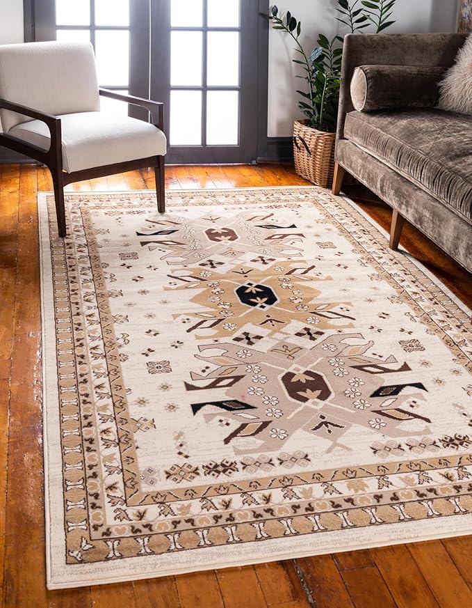 Unique Loom Taftan Collection Border Geometric Tribal Inspired Design Area Rug (9' 0 x 12' 0 Rectangular, Ivory/ Tan)