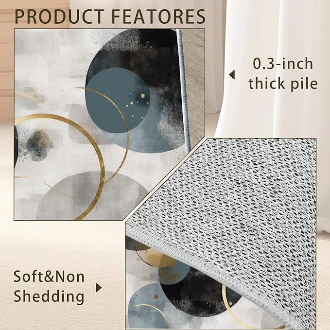 Blue Gray Modern Rug for Living Room 3x5, Low Pile Non-Slip Backing, Machine Washable Easy Fold Rug for Home, Office, Dorm Room