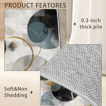Blue Gray Modern Rug for Living Room 3x5, Low Pile Non-Slip Backing, Machine Washable Easy Fold Rug for Home, Office, Dorm Room