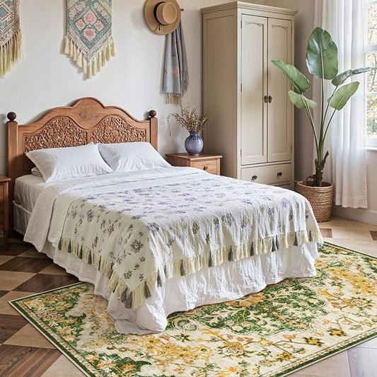 Lahome Bohemian Floral Medallion Area Rug - 4x6 Soft Rugs for Living Room Washable Rugs for Bedroom, Vintage Non Slip Indoor Carpet for Apartment Dining Room Kitchen Foyer RV, Yellow/Green/Multi