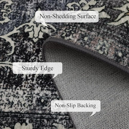 4x6 Washable Area Rug for Living Room, Carpet for Bedroom, Soft Faux Wool Retro Dining Room Rug, Non Slip&Non-Shedding Resistant Low Pile Vintage Print Rug for Home Office (Tan/Gray)