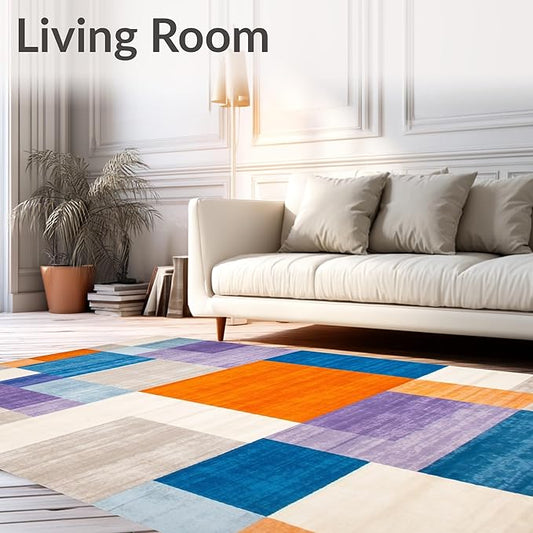 Flatwoven High Traffic Area Rug 4x6, Modern Abstract Color Block Area with Artistic Flair, Non Slip, Stain Resistant, Washable Area Rugs for Living Room, Bedroom (Blue, 4x6)