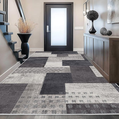 Modern Geometric Patchwork Indoor Area Rug for Living Room, Charcoal 8'x 10' Large Rug Rockwood Collection Hardwood Floors Decor for Bedroom, Grey Throw Carpet for Office Entryway Dining Room