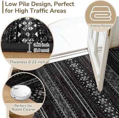 BESTSWEETIE 5x7 Area Rugs for Living Room Washable Moroccan Farmhouse Neutral Geometric Low Pile Non-Slip Soft Print Pattern Rug for Bedroom Kitchen Dining Room Entryway Black/White