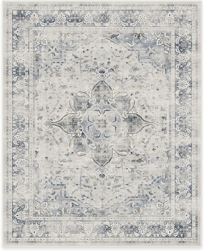 RUGGABLE Washable Vintage Area Rug – Sarrah Blue Quartz 8x10, Stain-Resistant, Non-Slip – Large Machine Washable Rugs for Living Room, Bedroom, Hallway, Entryway & Office–with Standard Pad