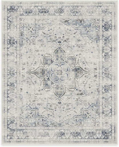 RUGGABLE Washable Vintage Area Rug – Sarrah Blue Quartz 8x10, Stain-Resistant, Non-Slip – Large Machine Washable Rugs for Living Room, Bedroom, Hallway, Entryway & Office–with Cushioned Pad