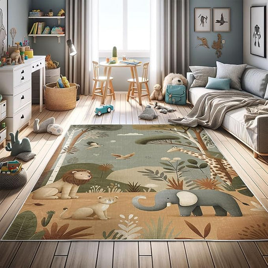 Ambesonne Woodland Decorative Rug, Funny Nature Theme Cartoon Lion Elephant Bird Giraffe Animals Print, Quality Carpet for Bedroom Dorm and Living Room, 2' 2" x 3' 7", Olive Green Redbrown Ecru