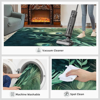Peacock Feather Rugs for Living Room - 6x9 Rug, Peacock Decor Area Rugs for Bedroom, Teal Turquoise Rug, Plant Washable Carpet, Malachite Green Feather Carpet - Peafowl Home Decor & Gifts
