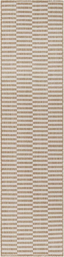 Unique Loom Outdoor Striped Collection Area Rug - Striped (2' x 8' Runner Taupe/Ivory)