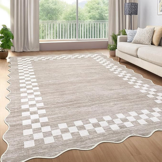GarveeHome Scalloped Washable Rug 9x12 Area Rug for Living Room Modern Border Large Bedroom Throw Carpet with Rubber Backing Stain Resistant Boho Rug for Dining Room Home Decor Office, Fog