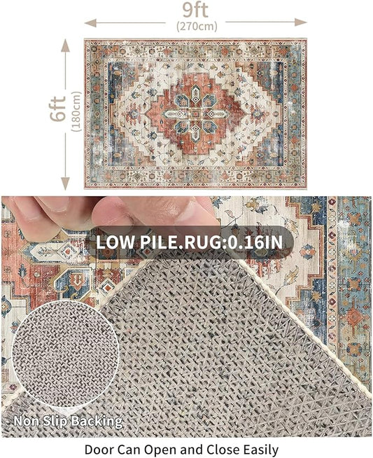 Enkor Area Soft Rugs 6x9 Washable Non Slip Boho Floor Rugs for Living Room Bedroom, Vintage Style Farmhouse Mat for Kitchen Entryway Beige & Red