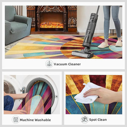 Chromatic Geometric Area Rugs 5x7ft, Abstraction Deco Rugs for Living Room, Mosaic Sunburst Floor Rug Sturdy and Non-Shedding for Bedroom Hardwood Floors Teen Room