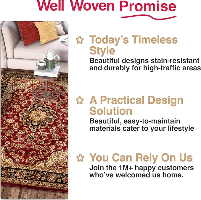 Well Woven Barclay Collection Medallion Kashan Red 5 ft Round Rug - for Living Room, Bedroom, and Dining Room