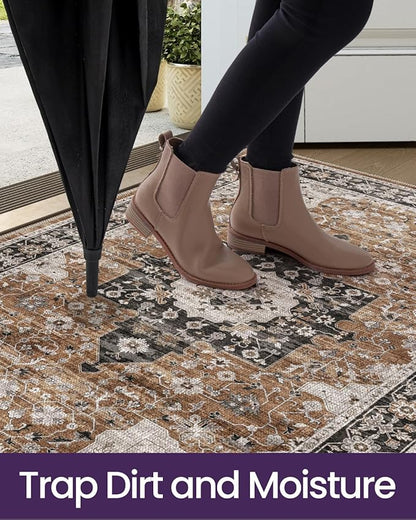 DEXI Area Rugs for Entryway 2x3, Washable Low Pile Vintage Traditional Entry Rug Non Slip, Small Indoor Door Mat for Bedroom Kitchen Entrance Hallway, Brown