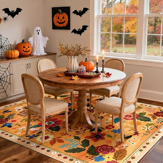 Floral 9x12 Area Rug Machine Washable Soft Print Boho Carpet Non Slip Doormat Low Pile Flower Area Rugs for Living Room Bedroom Nursery Kitchen Dining Room Indoor-Yellow/Orange