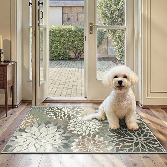 2x3 Washable Small Rug Tropical Botanical Modern Floral Indoor Chenille Door Mat Carpet Non Slip for Patio, Entry Way, Entrance, Porch, Taupe