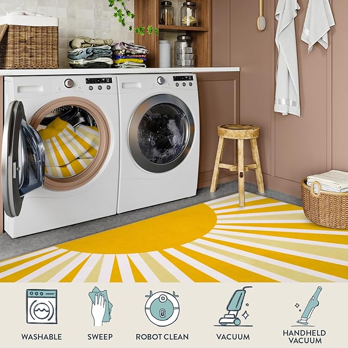 Lahome Yellow Rainbow Sun Round Rug: 3ft Washable & Non-Slip Low Pile with Cute Boho Print for Nursery, Bathroom, Bedroom, Kids Room & Dorm