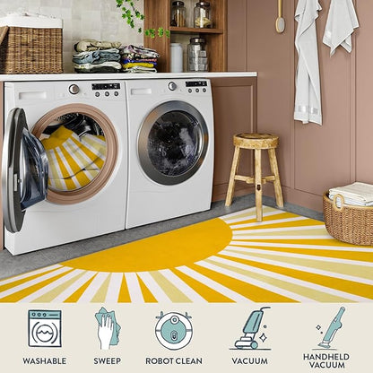 Lahome Yellow Rainbow Sun Round Rug: 3ft Washable & Non-Slip Low Pile with Cute Boho Print for Nursery, Bathroom, Bedroom, Kids Room & Dorm