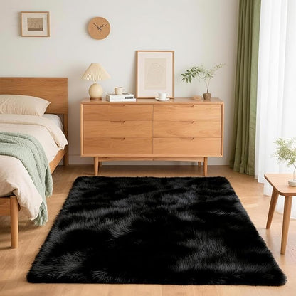4x6 Solid Fluffy Black Area Rug – Washable, Durable, Living Room Rug, Non-Slip High Pile Shag Rugs for Bedroom, Living Room, Bedside, Dorms, Nursery Rooms, Kids Room, Soft Indoor Floor Carpet