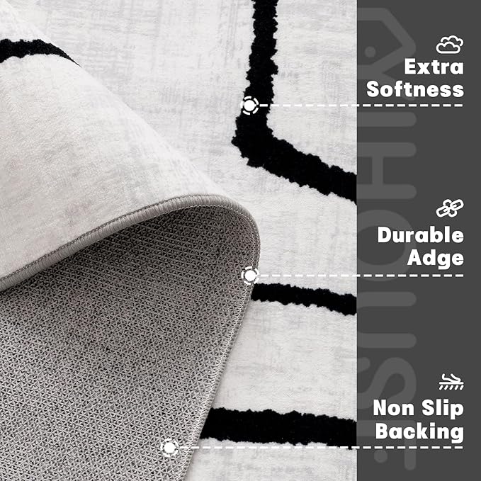 YIHOUSE Modern Washable 8'x10' Area Rug for Living Room Bedroom - Large Abstract Black and White Rug Non-Slip Ultra-Thin Home Decor,Abstract,8x10ft