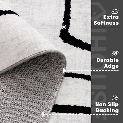 YIHOUSE 5x7 Washable Living Room Rug - Modern Abstract Black and White Area Rug Non-Slip for Bedroom Home Office (Abstract, 5'x7'ft)