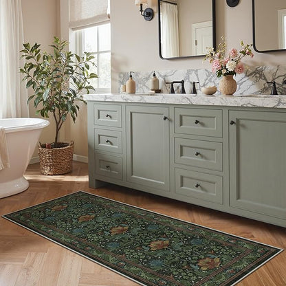 Bavni 2'6''x6 Runner Rug,Microfiber Washable Non-Slip Vintage Floral Rugs,Low Pile Lightweight Carpet for Bedroom,Hallway,Entryway,Kitchen,Bathroom, Dark Green
