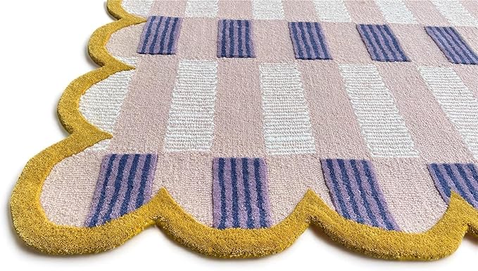 Hand-Tufted Wool Rug with Scalloped Edges, Light Blue Plaid Pattern, Cozy Soft Area Rug for Living Room, Bedroom, and Nursery, Handmade Modern Accent Rug (Pink, 3X5 FEET)