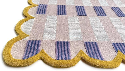 Hand-Tufted Wool Rug with Scalloped Edges, Light Blue Plaid Pattern, Cozy Soft Area Rug for Living Room, Bedroom, and Nursery, Handmade Modern Accent Rug (Pink, 4X6 FEET)