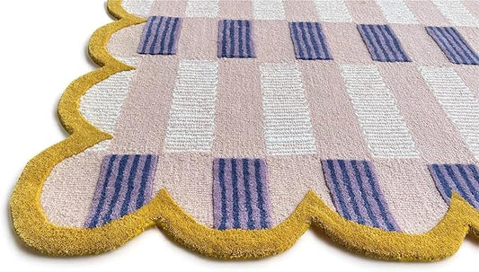 Hand-Tufted Wool Rug with Scalloped Edges, Light Blue Plaid Pattern, Cozy Soft Area Rug for Living Room, Bedroom, and Nursery, Handmade Modern Accent Rug (Pink, 9X13 FEET)