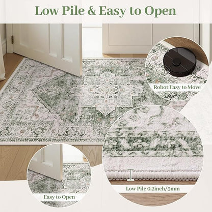 LIVEBOX Washable Area Rug 4x6 Vintage Tribal Bedroom Rugs Vintage Low-Pile Indoor Rug for Living Room, Non-Slip Retro Carpet Print Distressed Accent Carpet for Kitchen Entryway Office Camper, Sage