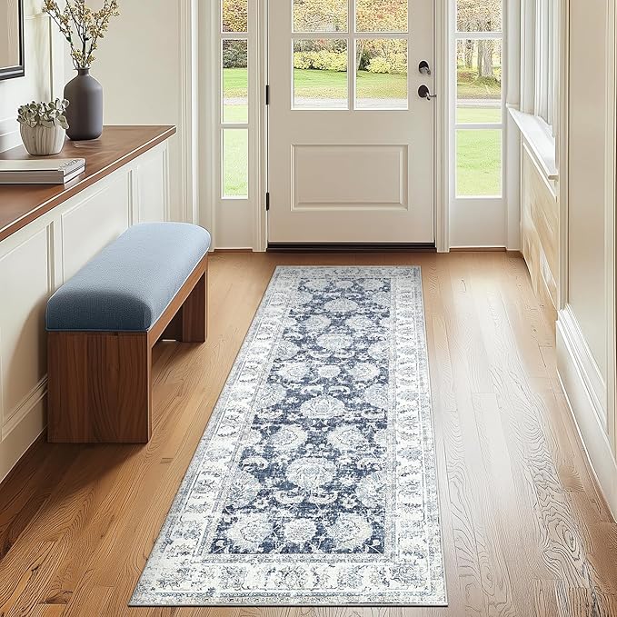 jinchan Fiora Runner Rug 2x5 Machine Washable Hallway Rug Dark Blue Vintage Floral Print Non-Slip Low Pile Ultra-Thin for Kitchen, Entryway, Laundry Room, Bedroom, Farmhouse (2‘x5’, Dark Blue)