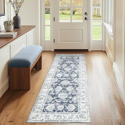 jinchan Fiora Runner Rug 2x5 Machine Washable Hallway Rug Dark Blue Vintage Floral Print Non-Slip Low Pile Ultra-Thin for Kitchen, Entryway, Laundry Room, Bedroom, Farmhouse (2‘x5’, Dark Blue)