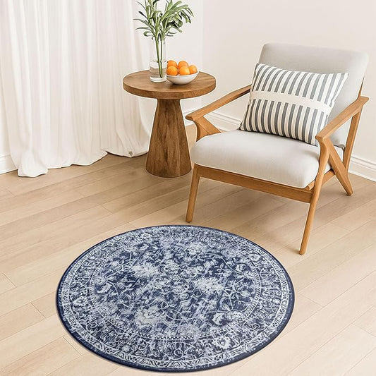 KILOCOCO Round Rug 3ft Vintage Floral Small Circle Rug Machine Washable Entryway Mat Non Slip Low-Pile Kitchen Rugs for Front Door Laundry Room Bathroom Moroccan Area Rugs, Blue