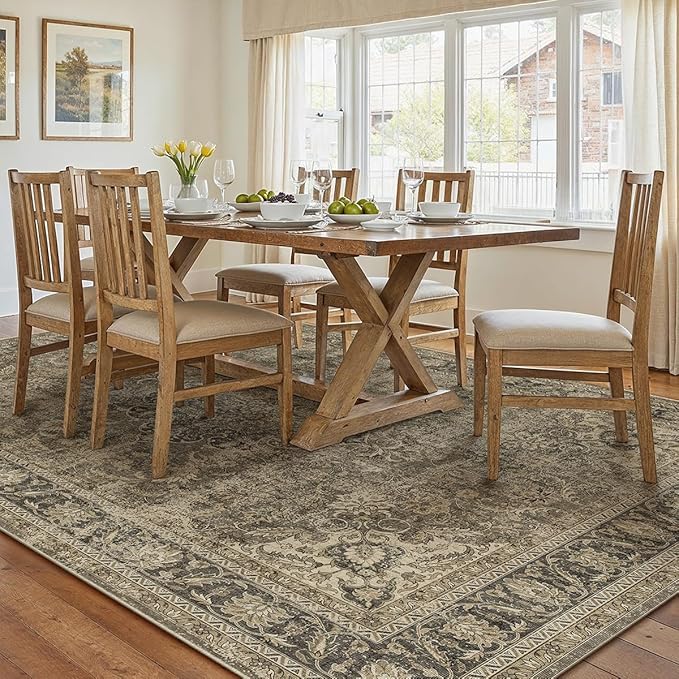 9x12 Brown Area Rug Vintage Living Room Bedroom Washable Carpet Non-Slip Soft Low Pile Distressed Indoor Large Throw Rug for Dining Room Office