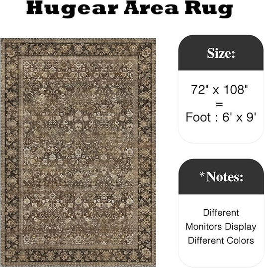 HUGEAR 6x9 Machine Washable Rugs Brown Hallway Large Area Rug Indoor Accent Rug Floral Low Pile Carpet Soft Throw Aesthetic Rug Bedroom Living Room Office Dining Room Kitchen Laundry Room