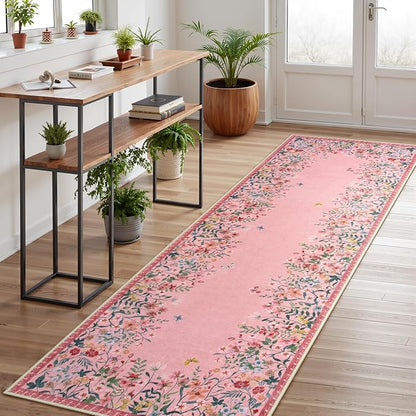 Lahome Boho Floral 2'6"x8 Pink Bathroom Runner Rugs Non Slip Washable,Soft Runners for Hallways,Indoor Carpet Runner with Rubber Backing for Entryway Kitchen Laundry(Pink,2'6"x8)