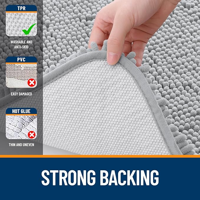 OLANLY Bathroom Rugs 59x35, Extra Soft Absorbent Chenille Bath Rugs, Rubber Backing Quick Dry, Machine Washable Bath Mats for Bathroom Floor, Tub and Shower, Home Decor Accessories, Light Grey