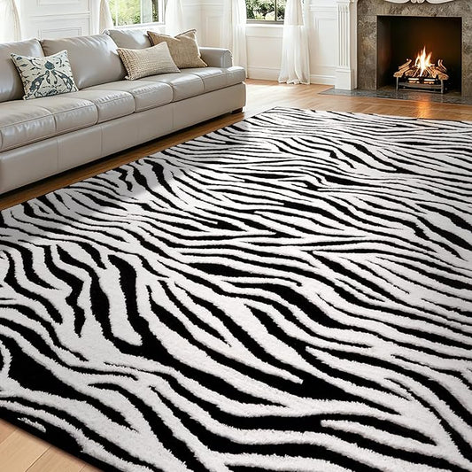 YIHOUSE 8×10 Ft Area Rugs, Black and White Modern Abstract Rug, Washable Plush Soft Zebra Print Carpet, Non-Slip Non-Shedding Rug for Grand Room, Bedroom, Dining Room, Nursery, Home Decor
