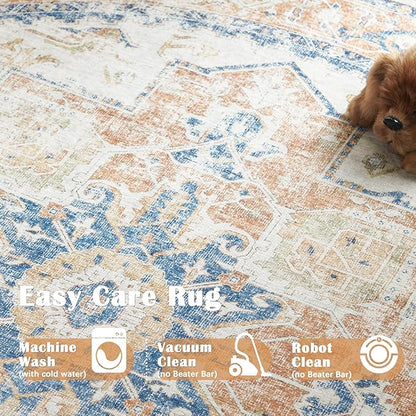 jinchan Kelda Round Rug 5ft Washable Area Rug Indoor Vintage Floor Cover Distressed Circle Mat 5' Round Lightweight Non Slip Low Pile Thin Carpet for Entryway Kitchen Living Room Bedroom Orange