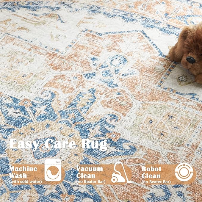 jinchan Kelda Round Rug 6ft Washable Area Rug Indoor Vintage Bedroom Floor Cover Distressed Circle Mat 6' Round Lightweight Non Slip Low Pile Thin Farmhouse Carpet for Living Room Dining Room Orange