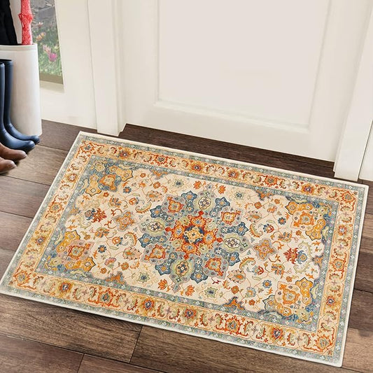 COMSLE Boho Area Rug, 2 x 3 Ft Washable Small Rugs for Entryway Faux Wool Distressed Non-Slip Floor Carpet Indoor Door Mat for Bedroom Kitchen Living Room