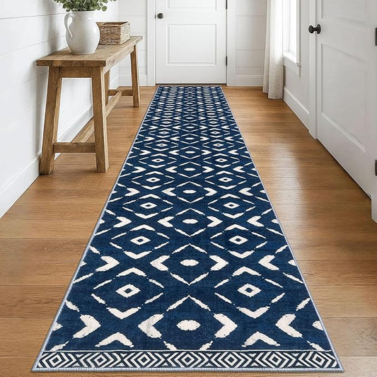 KILOCOCO Hallway Runner Rug 2.6'x16' Runners for Hallways Washable Runner Soft Non Slip Printed Geometric Low-Pile Rugs Runners for Bedroom Kitchen Living Room Boho Rugs, Blue