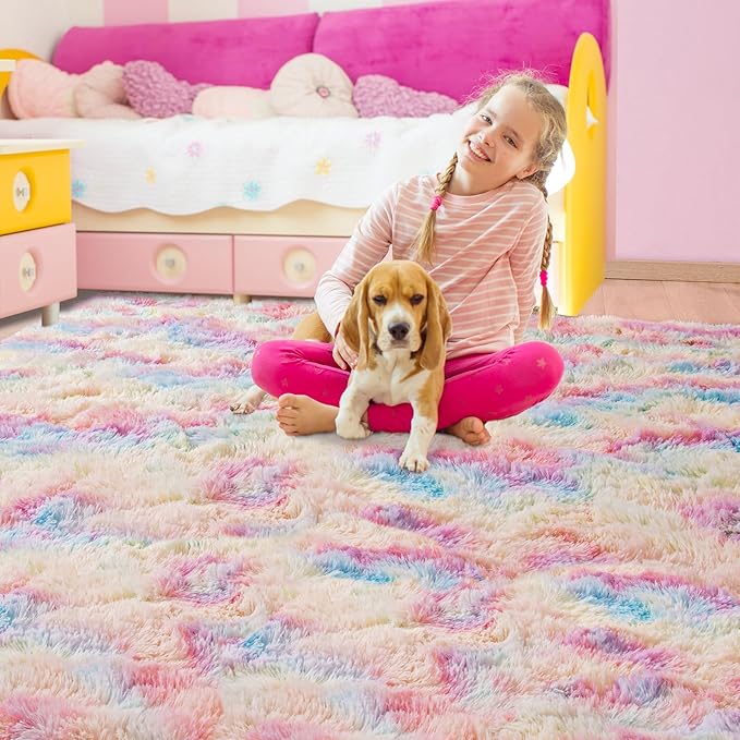 Beglad Fluffy Area Rugs 4x6 Feet, Modern Minimalist Style Shag Rugs, Non-Slip Indoor Carpet Soft Rugs for Bedroom, Living Room & Kids Room, Rainbow